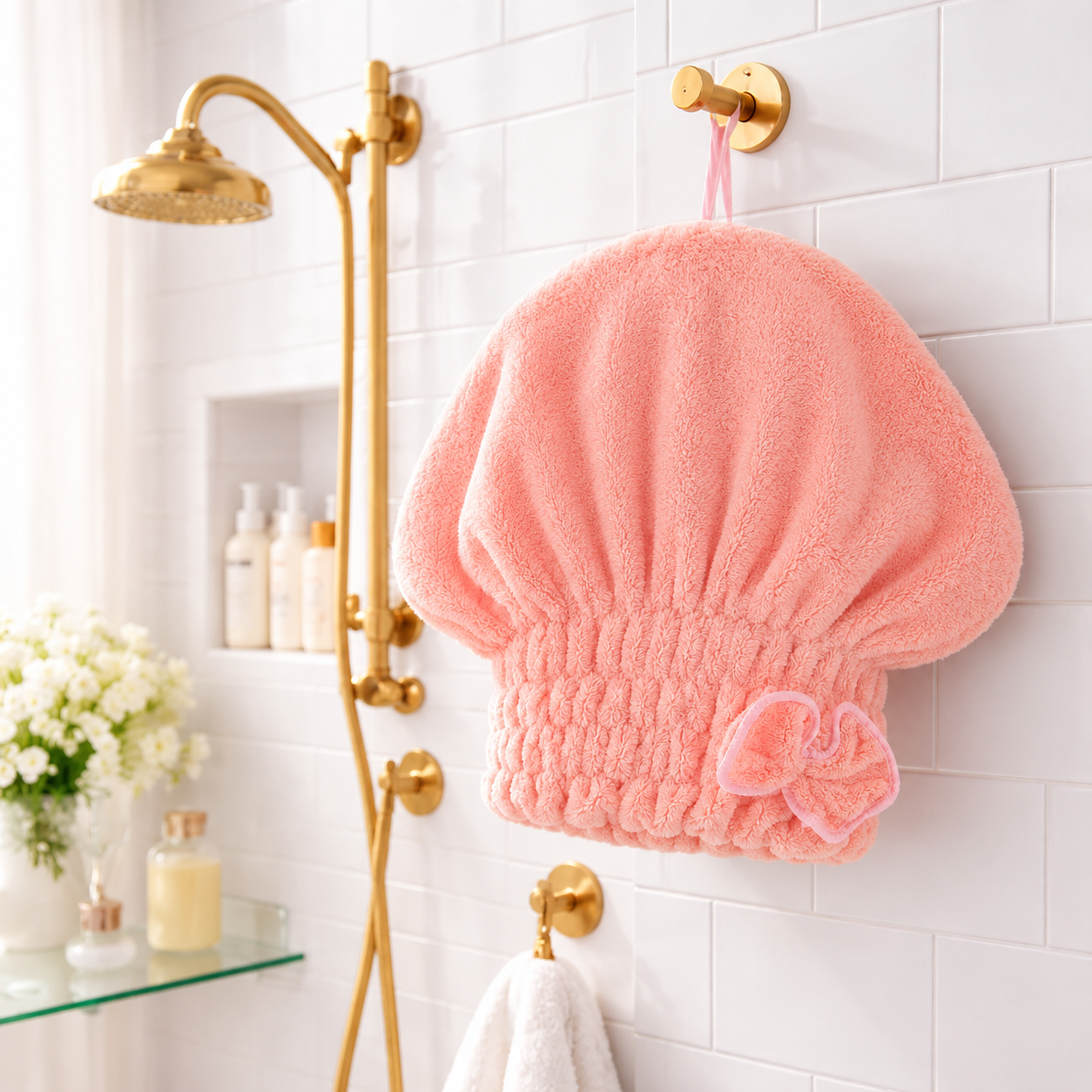 🎀 Coral Velvet Cute Bow Bath Cap – Buy 1 Get 1 FREE