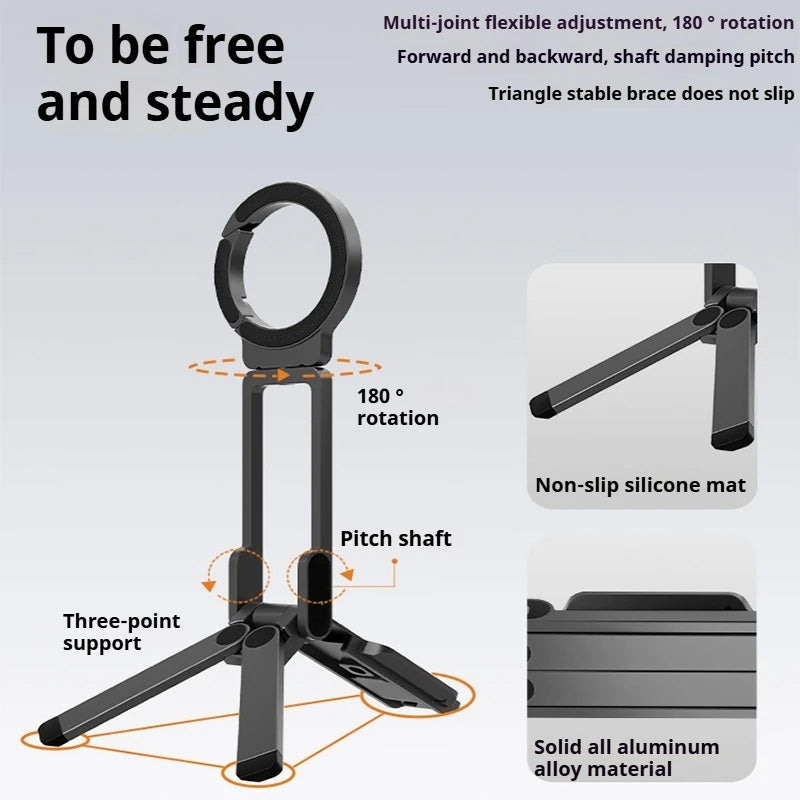 Magnetic Phone Tripod for iPhone, MA38 Portable Phone Holder Mini Tripod for Magsafe with Double-Sided Strong Magnetic 1/4'' Arri Locating Hole Foldable Hook