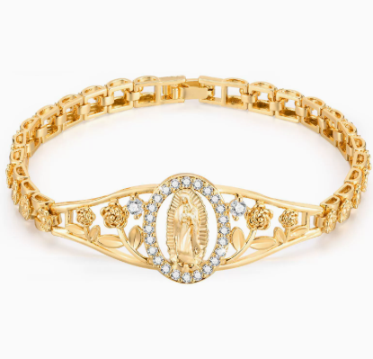 ⏳Time-Limited Special⏰Elegant Hollow Flower Virgin Mary Bracelet – Filigree Design, Gold Plated, Faith Inspired ✨