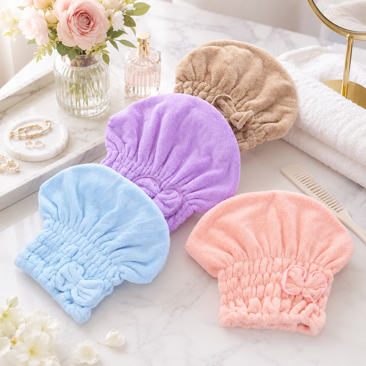 🎀 Coral Velvet Cute Bow Bath Cap – Buy 1 Get 1 FREE