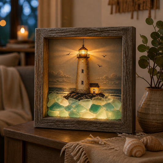 🌊🗼✨ Coastal Lighthouse Sea Glass Shadow Box Night Light