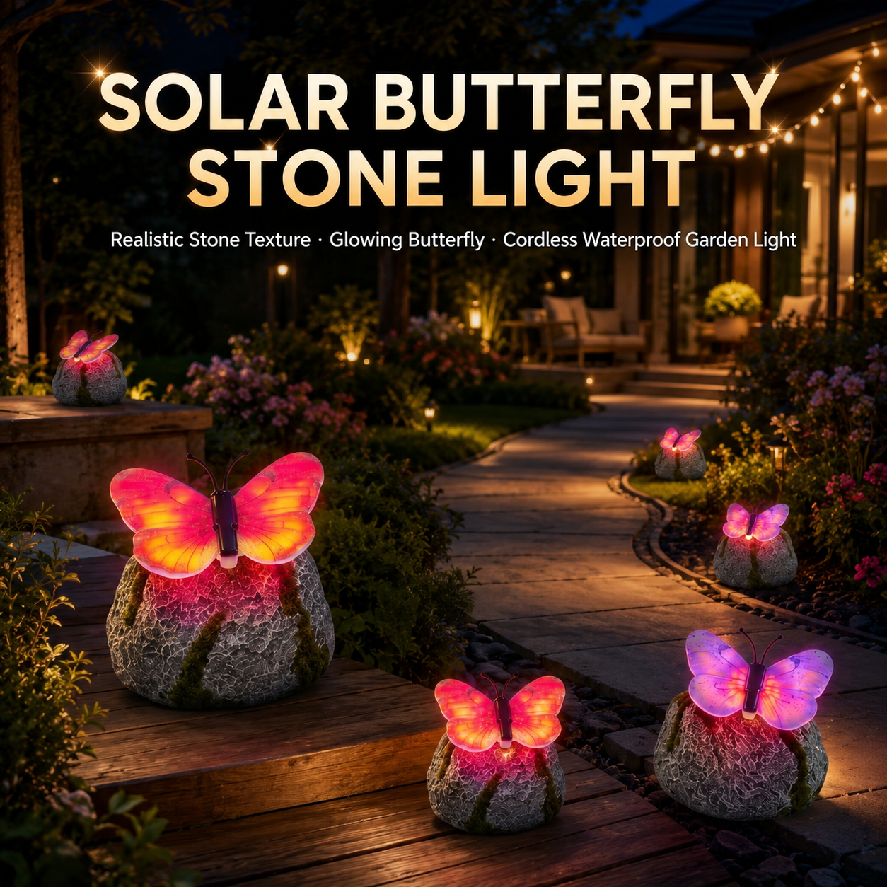 🦋 Solar Butterfly Stone Garden Light, Waterproof LED Glowing Landscape Rock Lamp, Auto On/Off Outdoor Resin Decor for Yard, Lawn, Pathway, Patio & Porch, Perfect Garden Gift🥳Buy 2 Get 10% Off