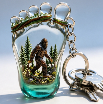 Bigfoot Footprint Forest Scene Glass Keychain 🦶🌲