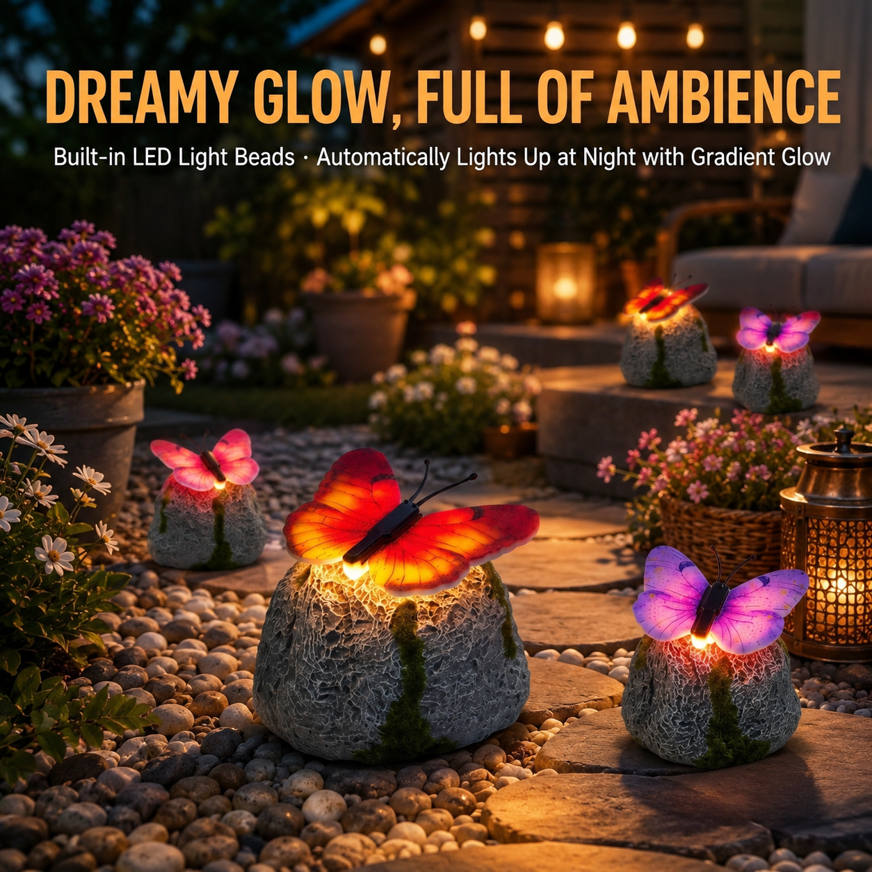 🦋 Solar Butterfly Stone Garden Light, Waterproof LED Glowing Landscape Rock Lamp, Auto On/Off Outdoor Resin Decor for Yard, Lawn, Pathway, Patio & Porch, Perfect Garden Gift🥳Buy 2 Get 10% Off
