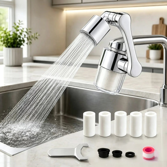 1080° Swivel Faucet Filter Set with 5 Filters, 3 Adapters, 2 Modes Faucet Extender Aerator