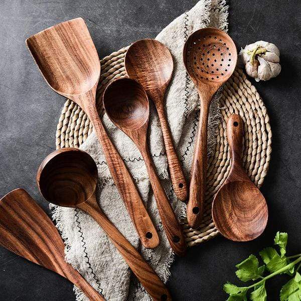 🌿 100% Pure Teak Wooden Kitchen Utensils – No Harsh Chemicals, Gentle on All Cookware🍴