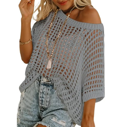 🔥 BIG SALE 🔥Short Sleeve Crochet Sweater Lightweight Summer Tops Loose Hollow Out Crewneck Pullover