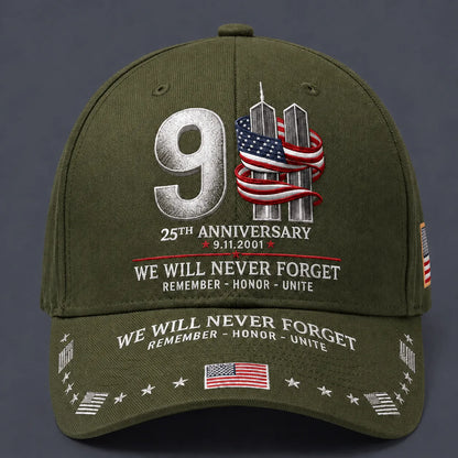 9/11 25th Anniversary We Will Never Forget Memorial Baseball Cap – Unisex Patriotic Memorial Hat🧢 Polyester