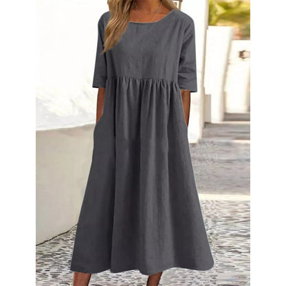 Summer New Cotton and Linen Casual Short Sleeve Pocket Fold Loose Round Neck Women's Dress