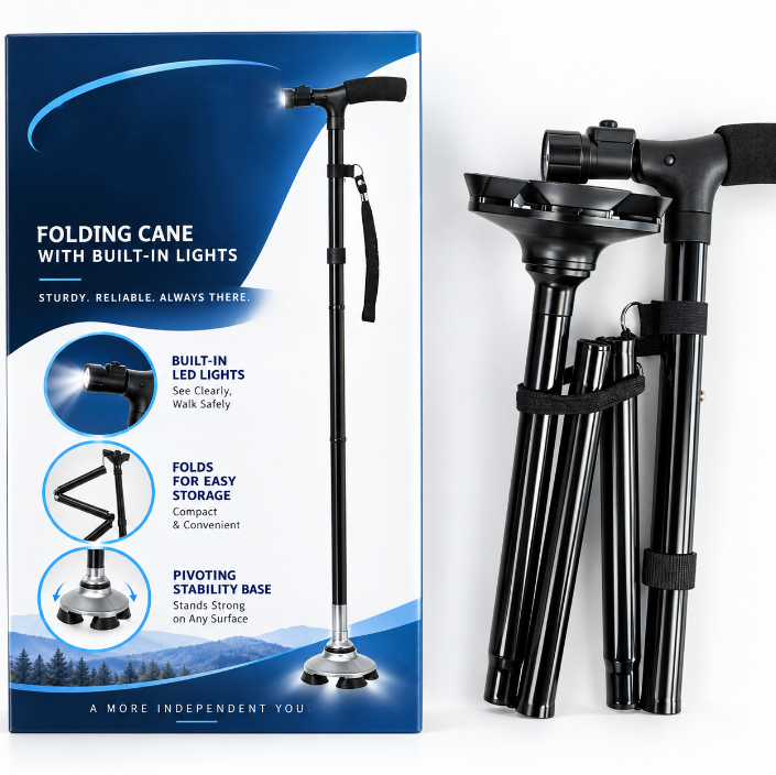 🦯LIMITED-TIME 50% OFF! 💡 Multifunction Folding Walking Cane – Built-In Light, Emergency Alarm, Quad Base & 5-Level Height Adjustment✨