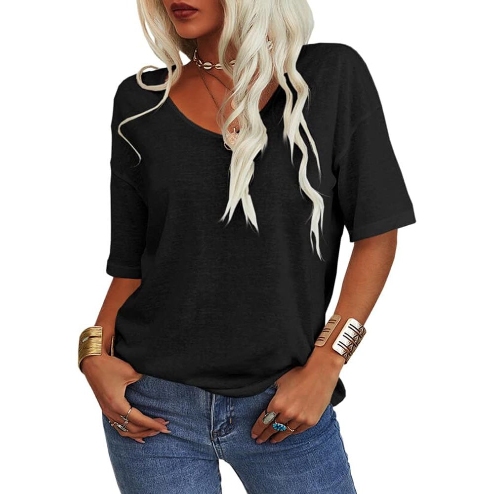 🔥 Women's Solid Color V-Neck T-Shirt Loose Fit Casual Daily Basic Top