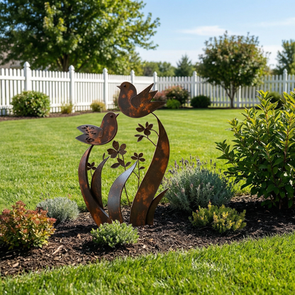 🦋💖🎁Bird & Wildflower Metal Garden Stake