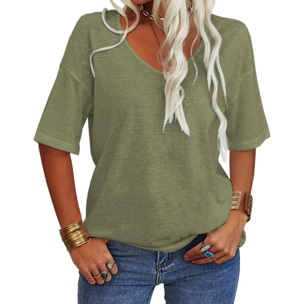 🔥 Women's Solid Color V-Neck T-Shirt Loose Fit Casual Daily Basic Top