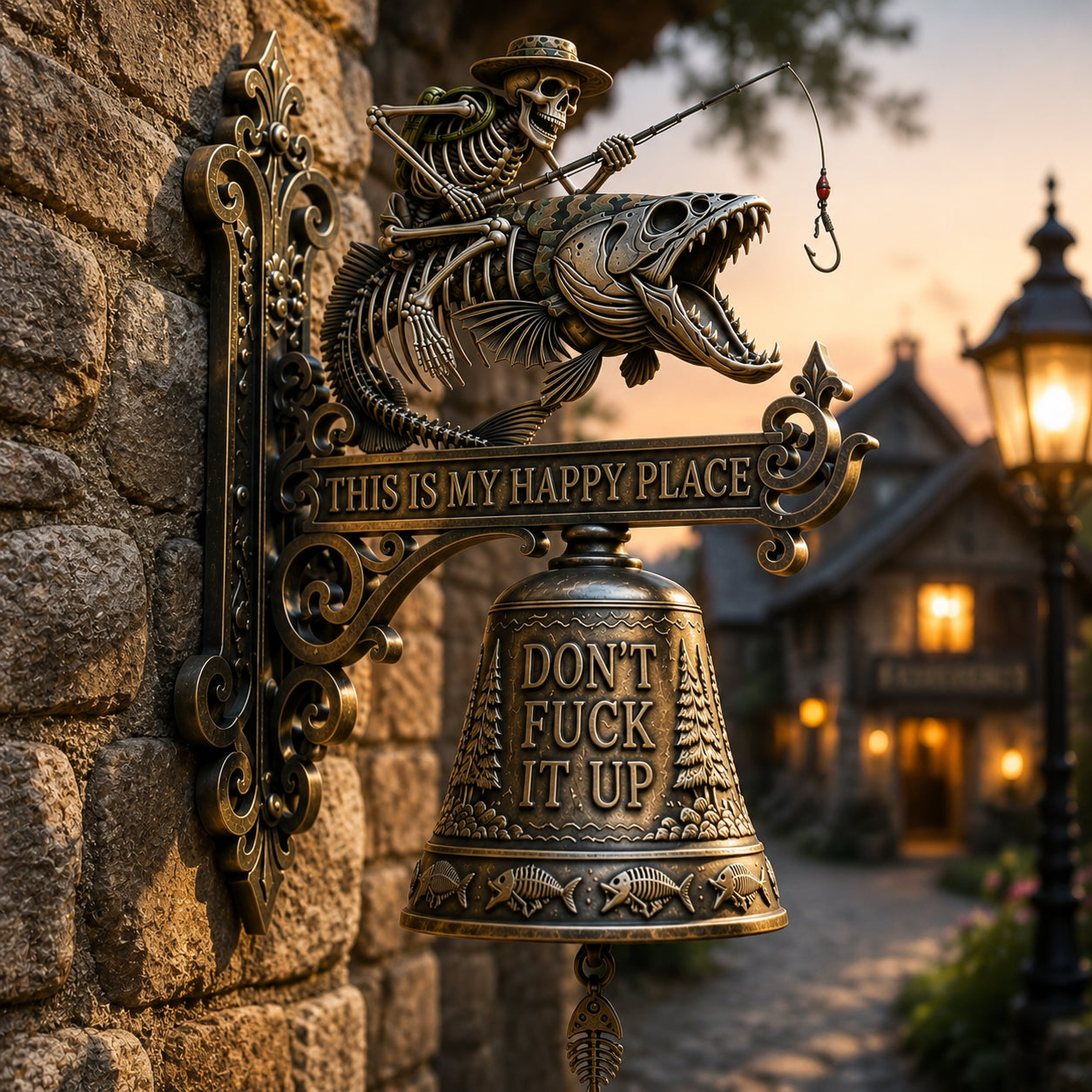 🎣 Metal Skeleton Fisherman Wall Bell – “This Is My Happy Place” Outdoor Décor🔥Buy 2 Get 10% Off