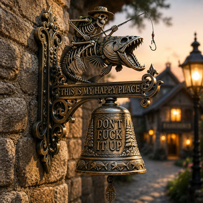 🎣 Metal Skeleton Fisherman Wall Bell – “This Is My Happy Place” Outdoor Décor🔥Buy 2 Get 10% Off