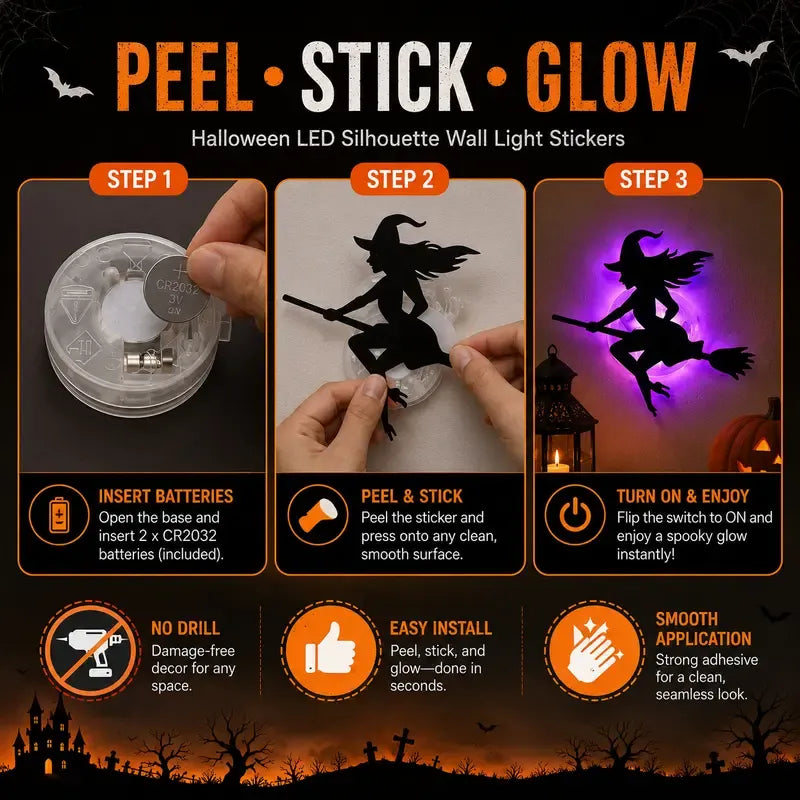 🎃 Halloween LED Silhouette Wall Light Stickers – Spooky Glow Made Easy! 👻✨