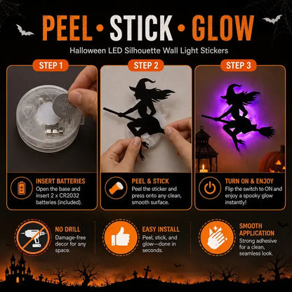 🎃 Halloween LED Silhouette Wall Light Stickers – Spooky Glow Made Easy! 👻✨