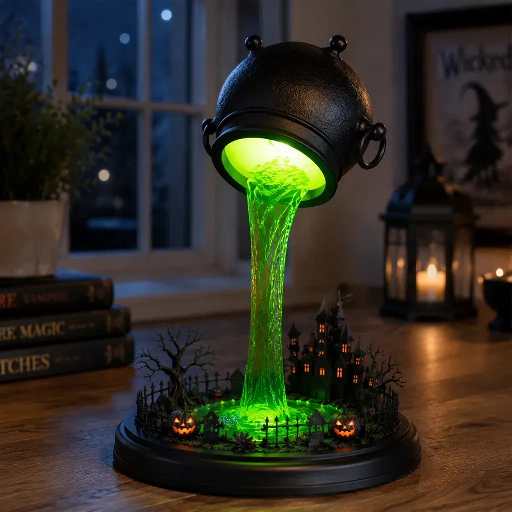 🔥 LAST DAY 49% OFF – 🧙‍♀️ Glowing Witch Cauldron Desk Lamp | Spilling Green Magic Light with Haunted Castle, Pumpkins & Gothic Halloween Vibes 🧪✨