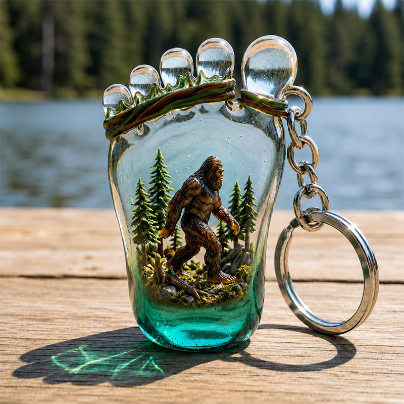 Bigfoot Footprint Forest Scene Glass Keychain 🦶🌲