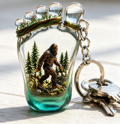 Bigfoot Footprint Forest Scene Glass Keychain 🦶🌲
