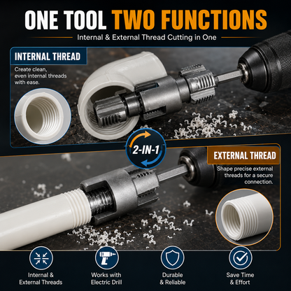 Drill-Powered Pipe Thread Cutting Bit — Internal & External Threading for 1/2" & 3/4" Plastic Pipes