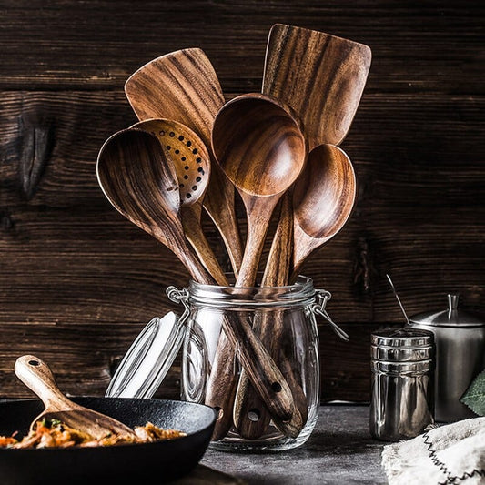 🌿 100% Pure Teak Wooden Kitchen Utensils – No Harsh Chemicals, Gentle on All Cookware🍴