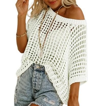 🔥 BIG SALE 🔥Short Sleeve Crochet Sweater Lightweight Summer Tops Loose Hollow Out Crewneck Pullover