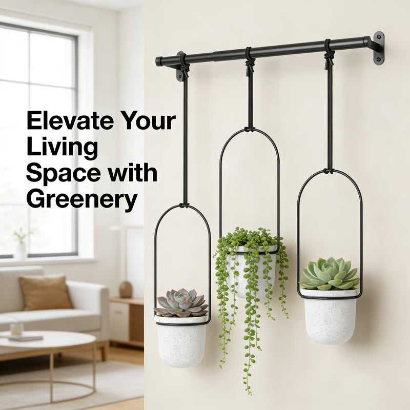 🌱 BESTSELLER |🌿Adjustable Hanging Window Planter Set – Metal Rod Plant Hanger with 3 Pots for Indoor & Outdoor Green Display