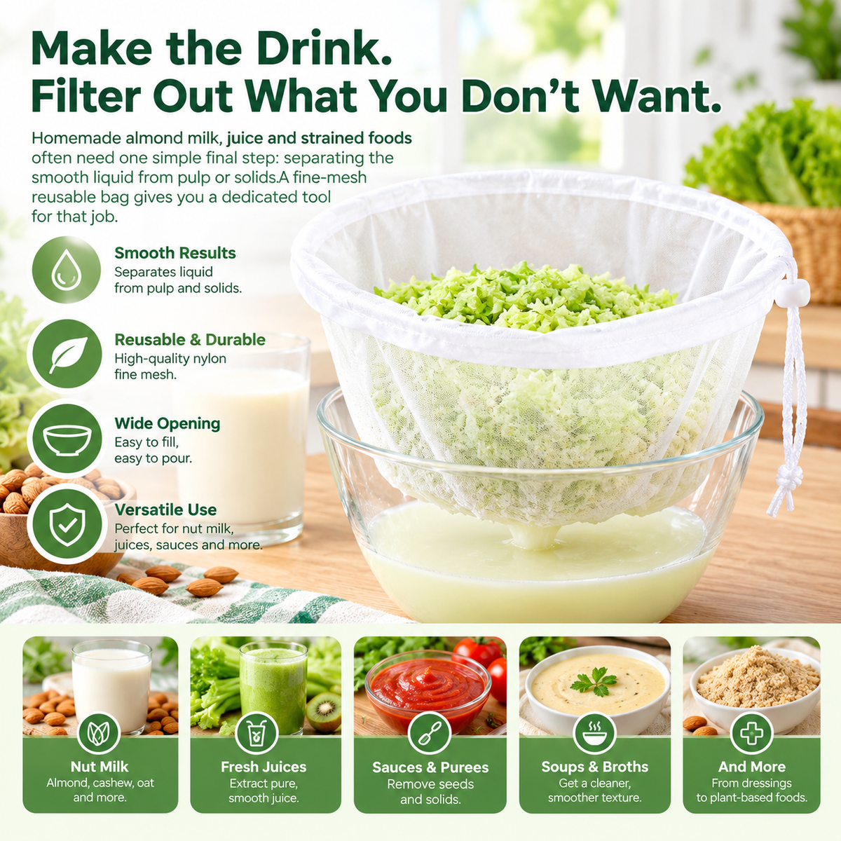 Bowl-Shaped Nylon Nut Milk Bag, Reusable Strainer Bags（3Pcs）