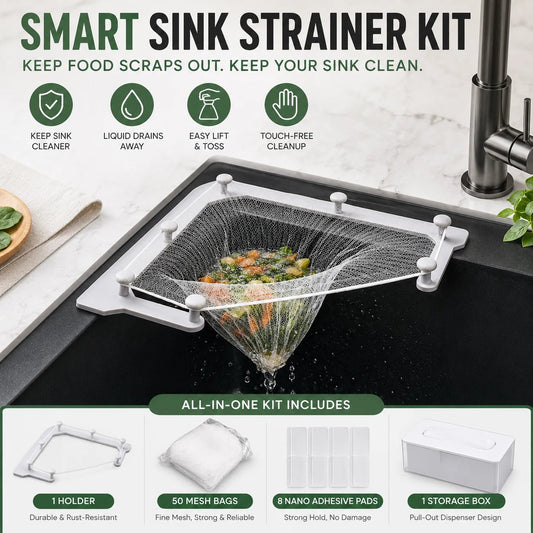 🗑️ Smart Sink Strainer Holder Kit With 50 Mesh Bags – Keep Food Scraps Away From Your Drain