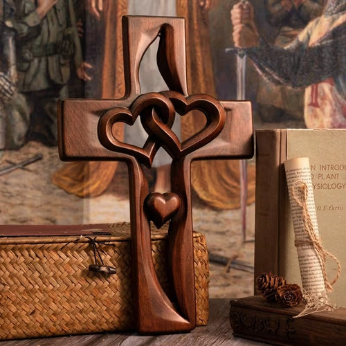 🕊️ Vintage-Style Wooden Marriage Cross with Intertwined Hearts - Hand-Carved ❤️