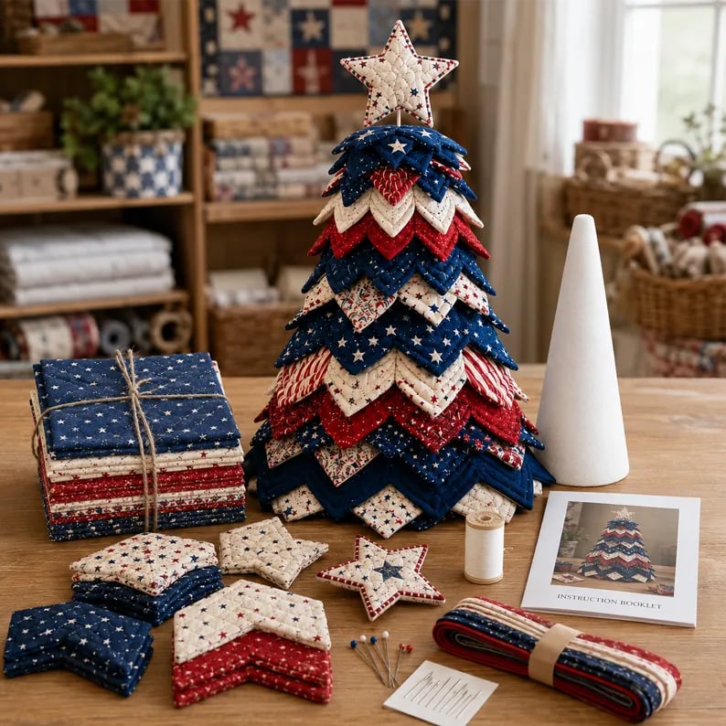 🔥LAST DAY 49% OFF - 🎄Americana Christmas Tree Quilt Kit – Easy Layered Fabric Holiday Décor for Quilting Lovers