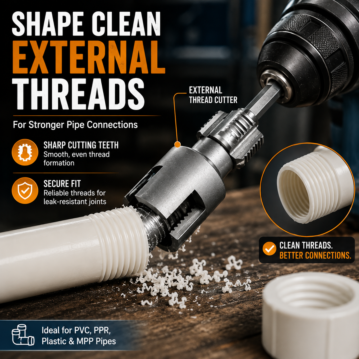 Drill-Powered Pipe Thread Cutting Bit — Internal & External Threading for 1/2" & 3/4" Plastic Pipes