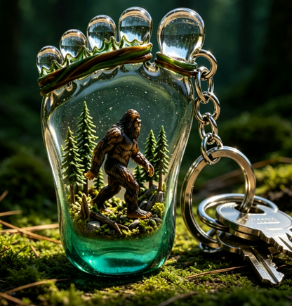 Bigfoot Footprint Forest Scene Glass Keychain 🦶🌲