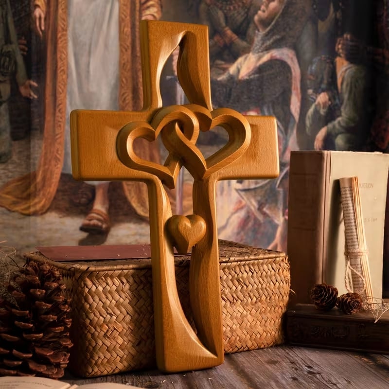 🕊️ Vintage-Style Wooden Marriage Cross with Intertwined Hearts - Hand-Carved ❤️