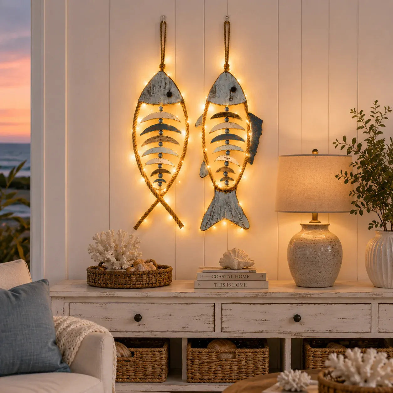 🎉🎉🐟✨ Lighted Coastal Rope Fish Wall Hanging