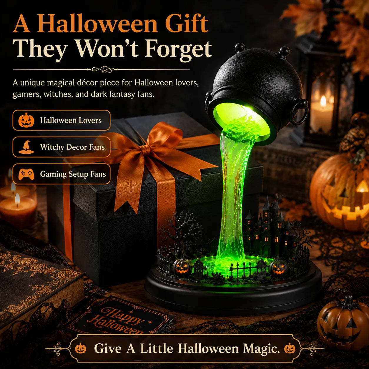 🔥 LAST DAY 49% OFF – 🧙‍♀️ Glowing Witch Cauldron Desk Lamp | Spilling Green Magic Light with Haunted Castle, Pumpkins & Gothic Halloween Vibes 🧪✨