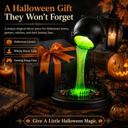 🔥 LAST DAY 49% OFF – 🧙‍♀️ Glowing Witch Cauldron Desk Lamp | Spilling Green Magic Light with Haunted Castle, Pumpkins & Gothic Halloween Vibes 🧪✨