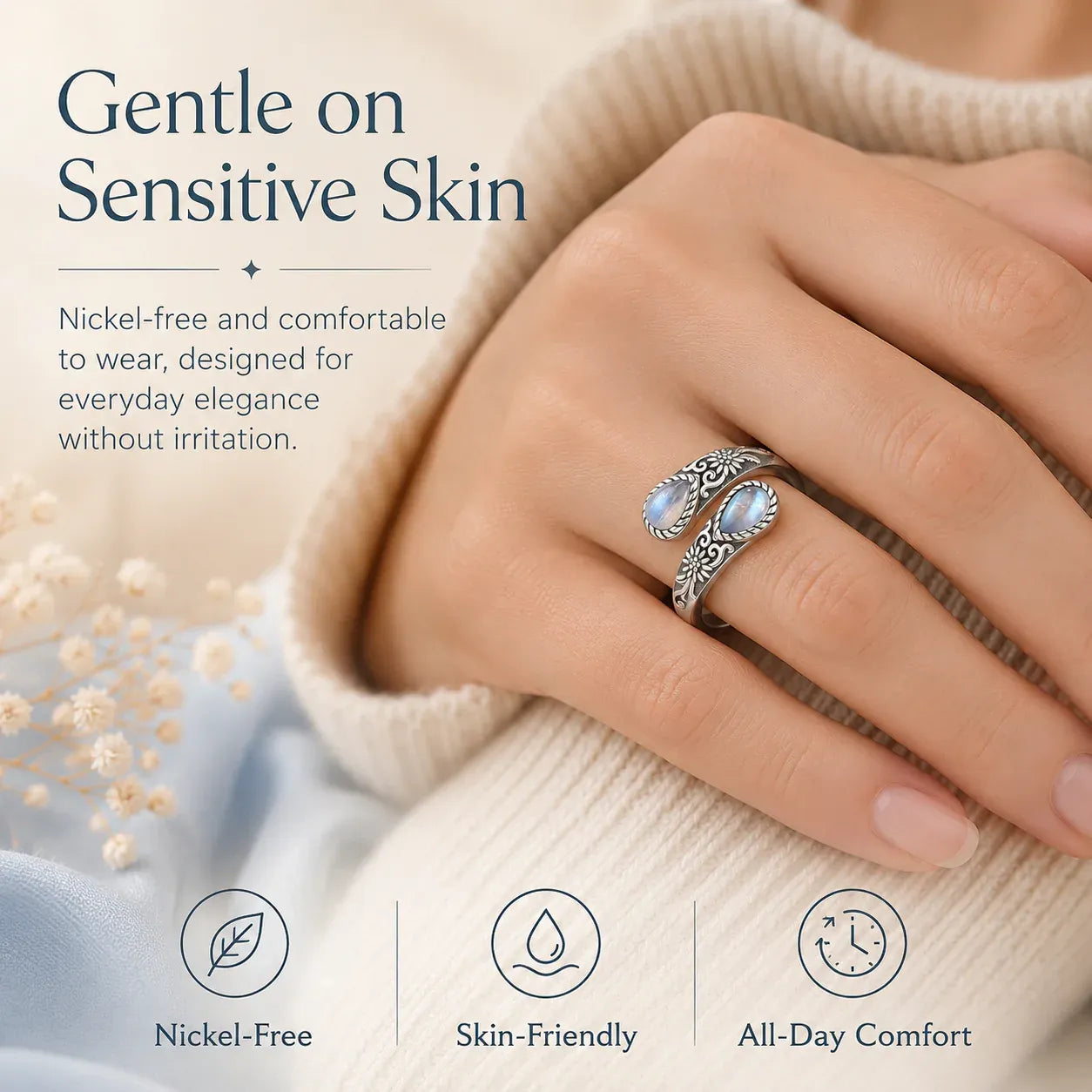 🔥🎁50% OFF🌙Moonstone Bloom Ring | Vintage Style • Adjustable Fit • Timeless Elegance