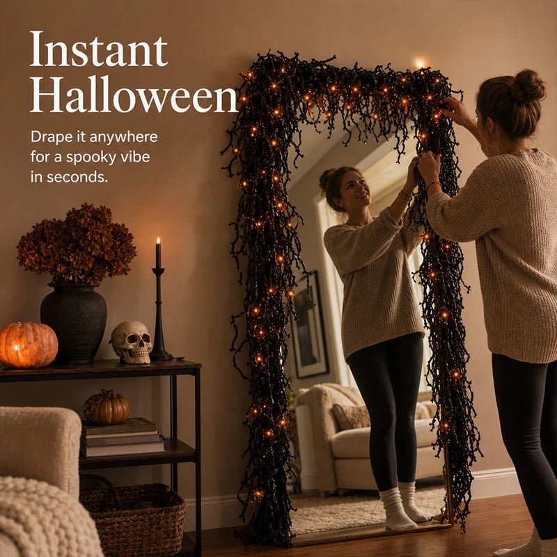 🎃Halloween Fireplace Decor Set with LED Lights – Black Vine Garland for Mantel, Door Frame, Window & Spooky Party Decor👻