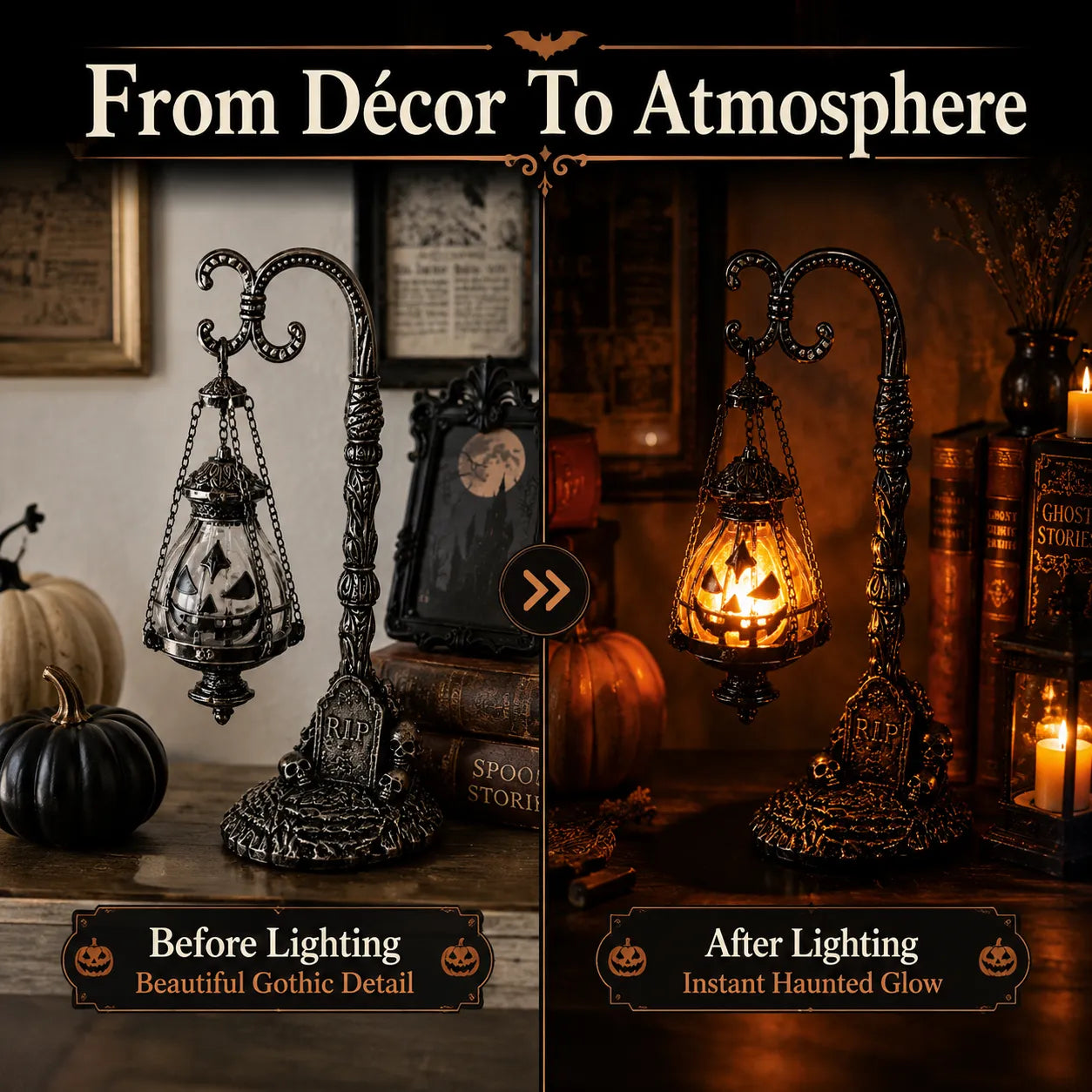 🎃 Gothic Pumpkin Lantern Stand | Warm Orange LED Glow, Victorian Skull Details & Haunted Shelf Decor 🕯️