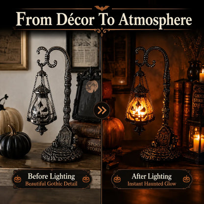 🎃 Gothic Pumpkin Lantern Stand | Warm Orange LED Glow, Victorian Skull Details & Haunted Shelf Decor 🕯️