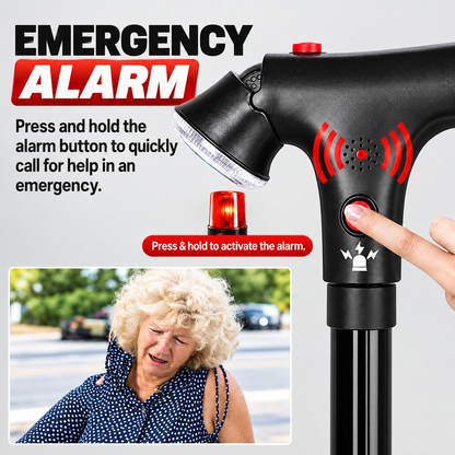 🦯LIMITED-TIME 50% OFF! 💡 SteadyGo™ Multifunction Folding Walking Cane – Built-In Light, Emergency Alarm, Quad Base & 5-Level Height Adjustment✨