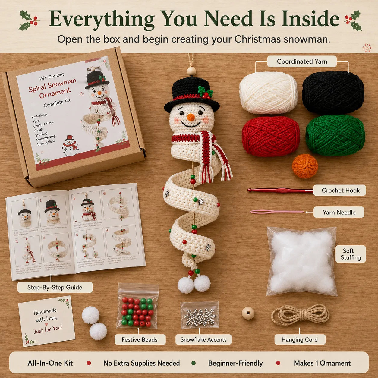 ☃️Crochet Snowman Spiral Ornament DIY Kit | Complete Beginner-Friendly Set with Soft Yarn, Crochet Hook, Festive Beads, Snowflakes & Step-by-Step Guide 🧶🎄✨