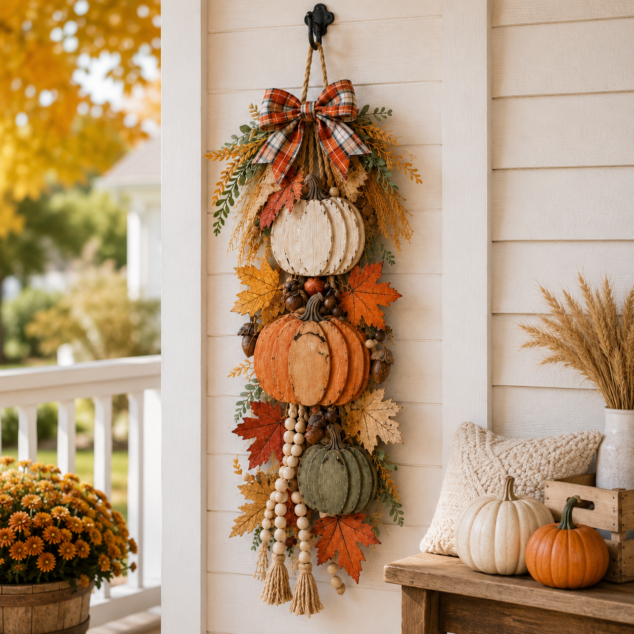 🎃Rustic Wooden Pumpkin Door Hanging with Warm LED Lights✨
