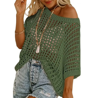 🔥 BIG SALE 🔥Short Sleeve Crochet Sweater Lightweight Summer Tops Loose Hollow Out Crewneck Pullover