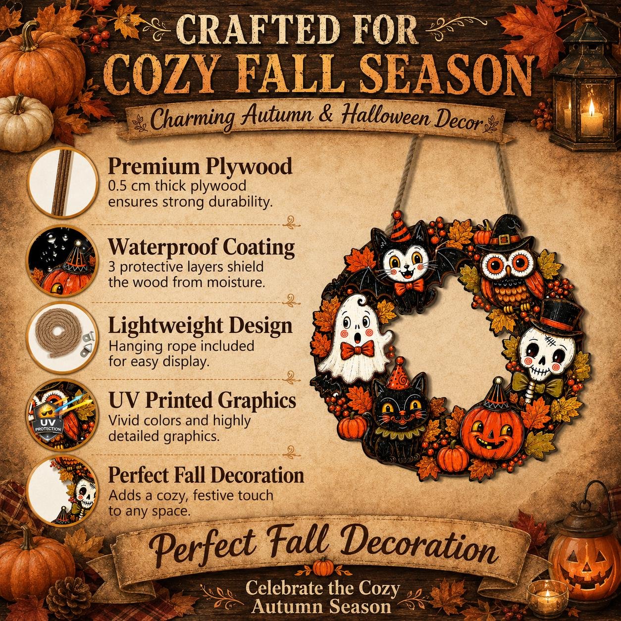 🎃 Hand-Carved 3D Halloween Wooden Door Hanger 👻