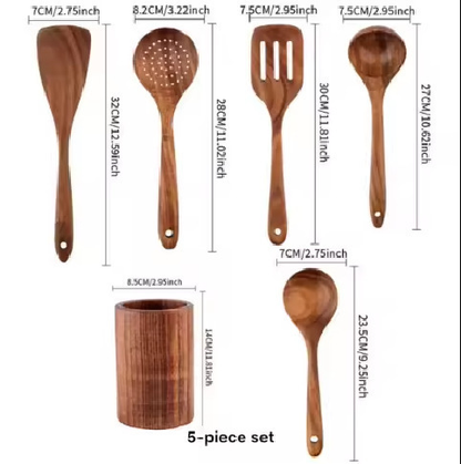 🌿 100% Pure Teak Wooden Kitchen Utensils – No Harsh Chemicals, Gentle on All Cookware🍴