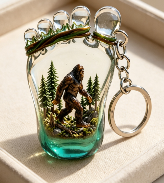 Bigfoot Footprint Forest Scene Glass Keychain 🦶🌲