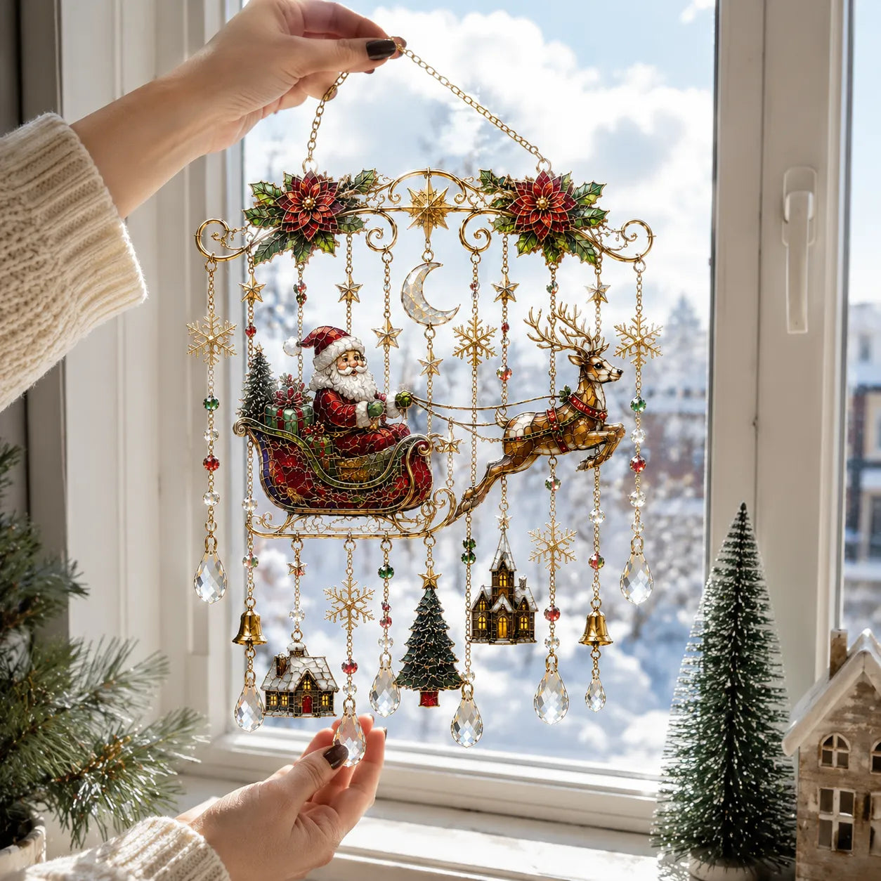 49% OFF – 🎄Handmade Christmas Stained Glass Window Hanging | Tempered Stained Glass, K9 Crystal Drops & Ready-to-Hang Holiday Decor ✨
